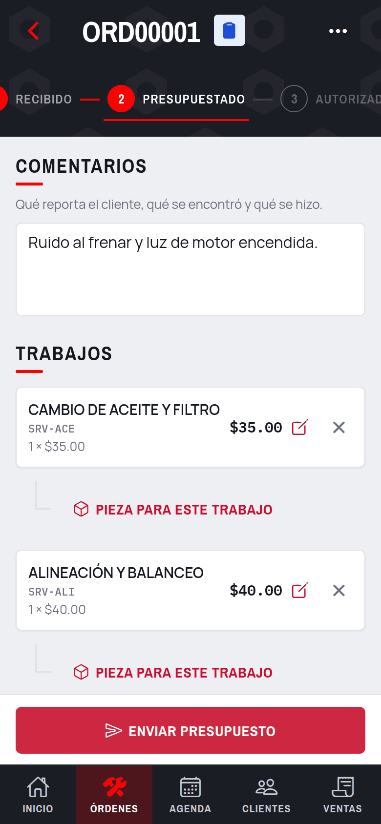 MecaDiario en un teléfono: la orden de trabajo con sus etapas